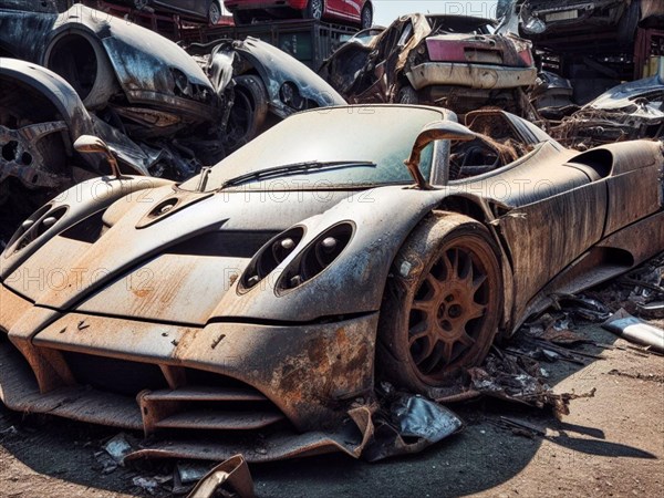 Crashed abandoned rusty expensive atmospheric car as circulation banned for co2 emission 2030 agenda dystopian concept ai generated