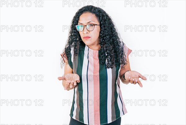 Puzzled afro woman gesturing with hand isolated. Girl in glasses with puzzled face frowning. Puzzled people making hand gestures