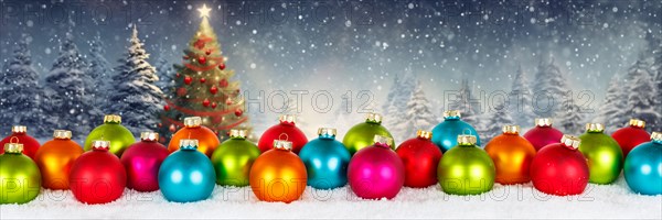 Christmas card for Christmas with colourful Christmas baubles card and banner copy space Copyspace decoration winter Christmas tree snow in Stuttgart