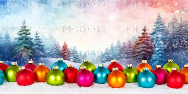 Christmas card with colourful Christmas baubles and forest in the background Card panorama and text free space Copyspace decoration winter in Stuttgart