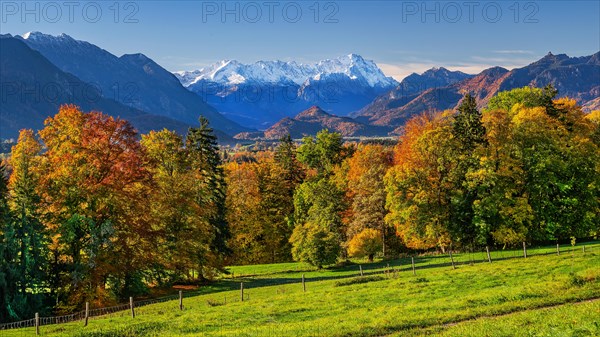 Autumn landscape near Hagen with Zugspitze group 2962m in the Wetterstein mountains