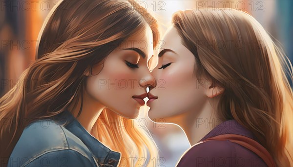 Two young woman kiss tenderly
