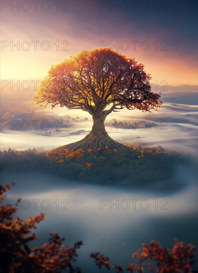 The tree of life surreal scene with a majestic ancient wood above the foggy valley at sunset