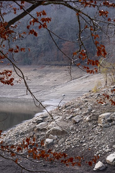 Desolate landscape of drought in the Santa Fe reservoir in the Montseny Biosphere Reserve in the province of Barcelona in Spain