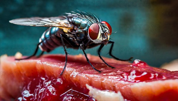 A housefly sits on a piece of meat
