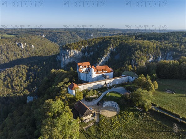 Aerial view of Wildenstein Castle near Leibertingen in the morning sun