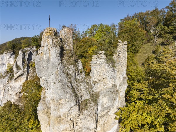 Aerial view of the remains of the walls of the medieval castle ruins of Neugutenstein