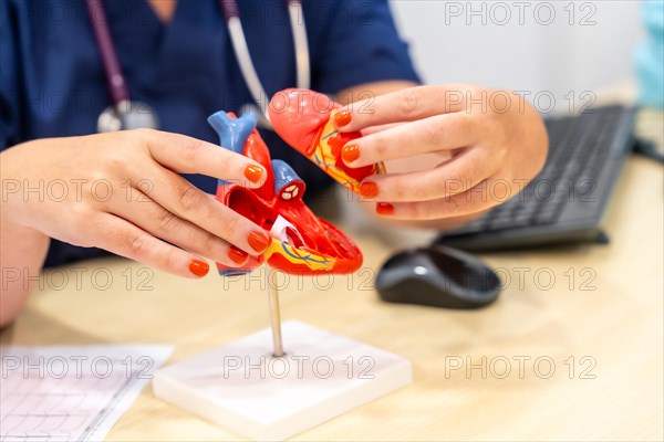 Close-up photo of an unrecognizable cardiologist using a heart shape model to explain something to a patient