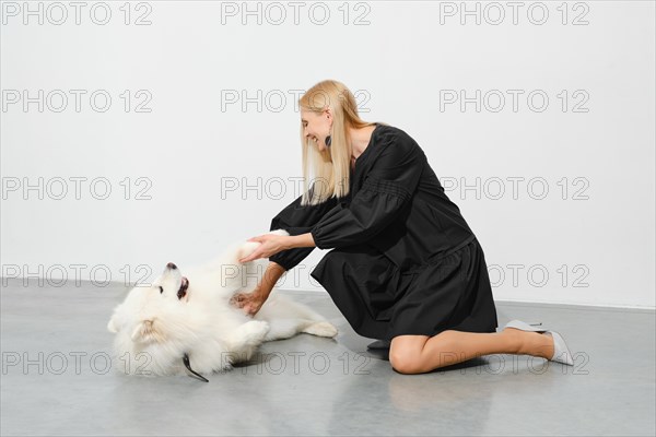 Joyful blonde woman playing with a samoyed dog holding its paw