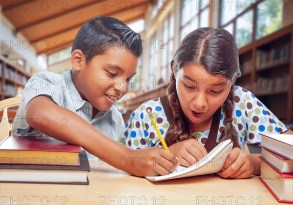 Two hispanic school kids in a library excited about their homework