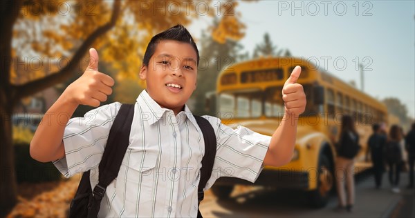 Excited young hispanic boy wearing a backpack giving two thumbs up on campus near a school bus