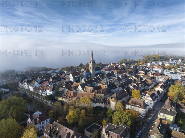 Aerial view of the town of Radolfzell on Lake Constance with autumn vegetation and drifting fog over the lake