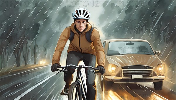 A cyclist and a car in the rain in the dark