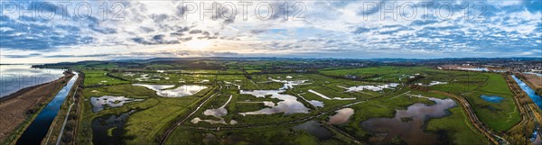 Panorama of Wetlands and Marshes in RSPB Exminster and Powderham Marshe from a drone
