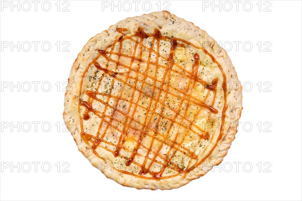 Top view of round closed pizza with minced meat and barbecue sauce isolated on white