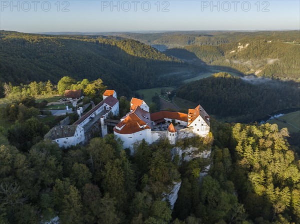 Aerial view of Wildenstein Castle near Leibertingen in the morning sun