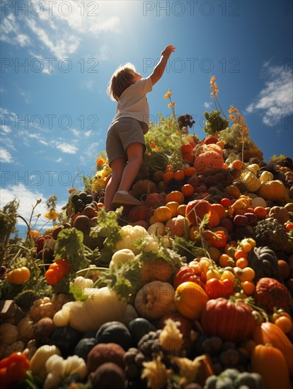 Small child climbing up a bountiful mountain of food piled high reaching up for fresh fruits and colorful vegetables. generative AI