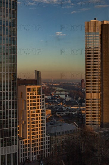 Sunset between skyscrapers. Cityscape with modern office buildings and streets. Insurance companies and banks as a cityscape in Frankfurt am Main