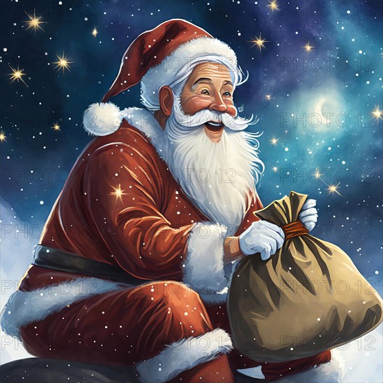 Father Christmas with a sack of presents sits in front of a starry sky