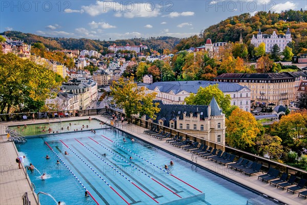 Outdoor terrace of the thermal spa with panoramic view of the city in autumn