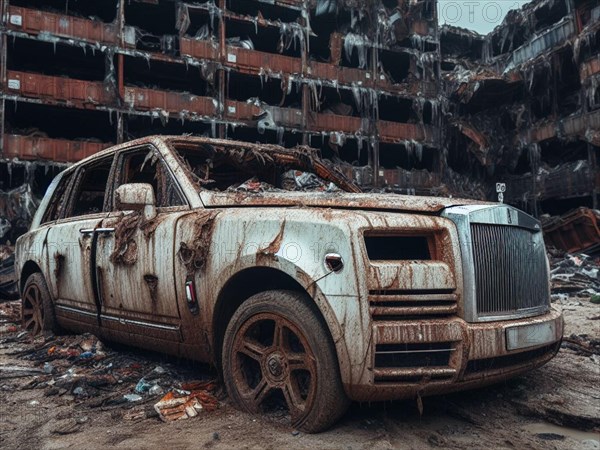 Crashed abandoned rusty expensive atmospheric suv as circulation banned for co2 emission 2030 agenda dystopian concept ai generated