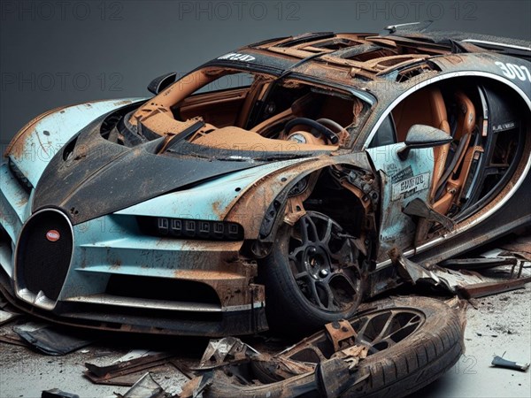 Crashed abandoned rusty expensive atmospheric car as circulation banned for co2 emission 2030 agenda dystopian concept ai generated