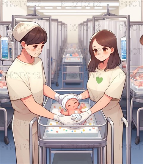 Illustration depicting couple of lesbian gay persons at the hospital neonatology paediatrics take care of newborn