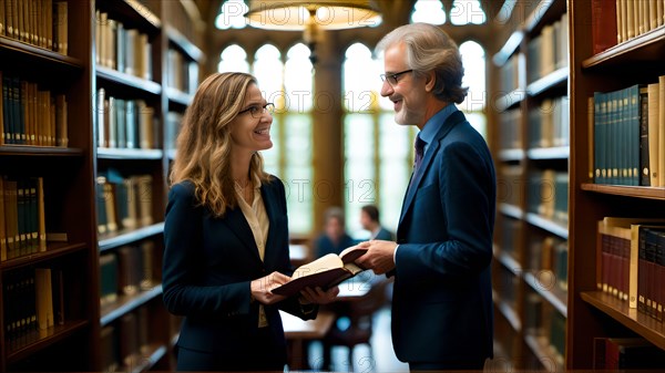 Professor chatting with colleague in the library