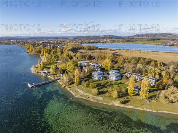 Aerial view of the Mettnau peninsula in western Lake Constance with the spa centre