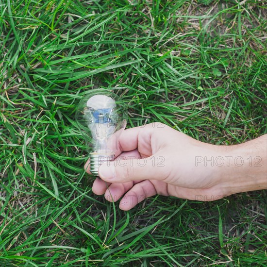 Close up hand holding light bulb green grass