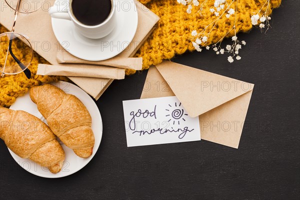 Croissants coffee with greeting card