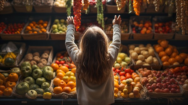 Back view of a small child reaching up toward a bountiful display of food piled high at a market with a variety of fresh fruits and an abundant selection of colorful vegetables. generative AI