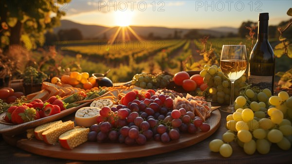 Bountiful display of agricultural abundance colorful vegetables and organic fresh fruits at harvest time outdoors amongst the country vineyards. generative AI