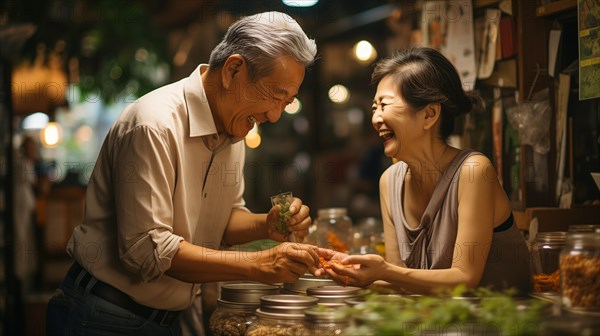 Happy senior adult chinese couple enjoying the farmers market with bountiful produce. generative AI