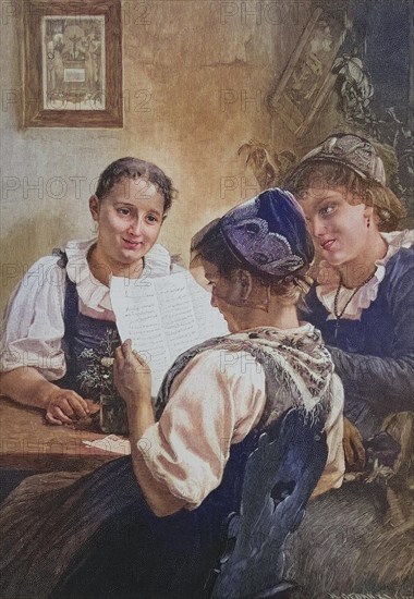 Maedchen liest mit Freundinnen einen Liebesbrief
