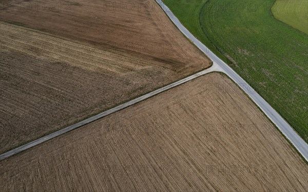 Drone view of a country road between harvested and green fields