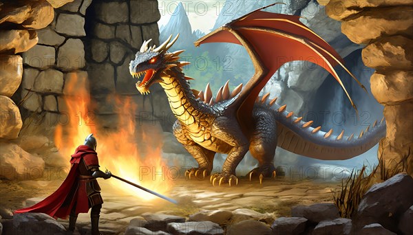A fire-breathing dragon threatens a knight