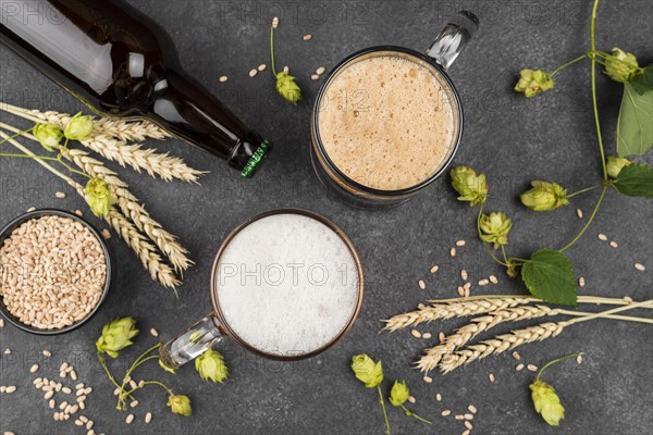 Flat lay beer mugs bottle