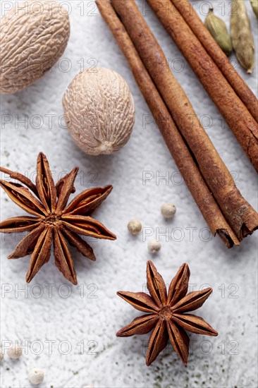 High angle star anise nutmeg with cinnamon sticks
