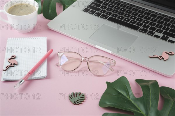 Laptop with notebook small flamingos pink table