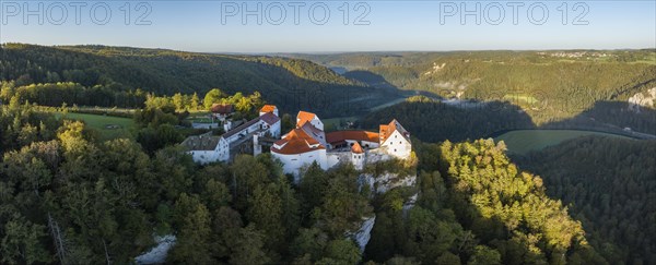 Aerial panorama of Wildenstein Castle near Leibertingen in the morning sun