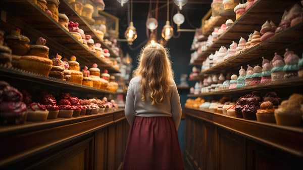 Young girl standing amid towering shelves of delicious pastries