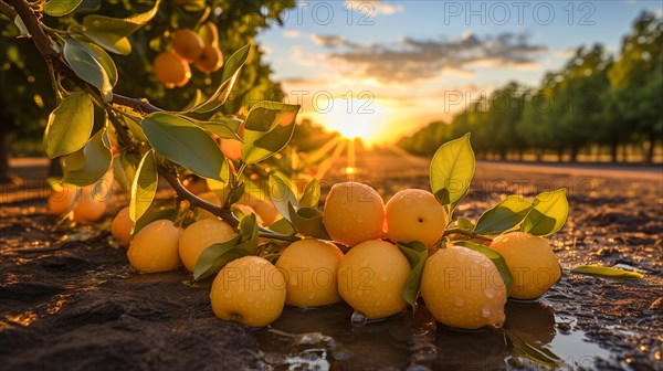 Bountiful lemon tree branch filled with lemons in the sunset light. generative AI