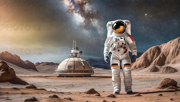 An astronaut in a spacesuit on the moon in front of the starry sky