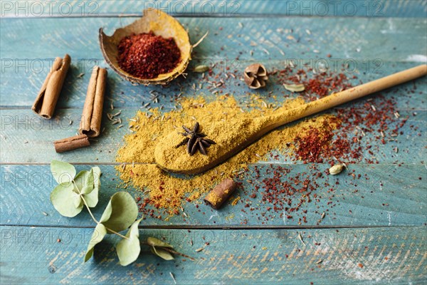 Top view spoon with indian condiments