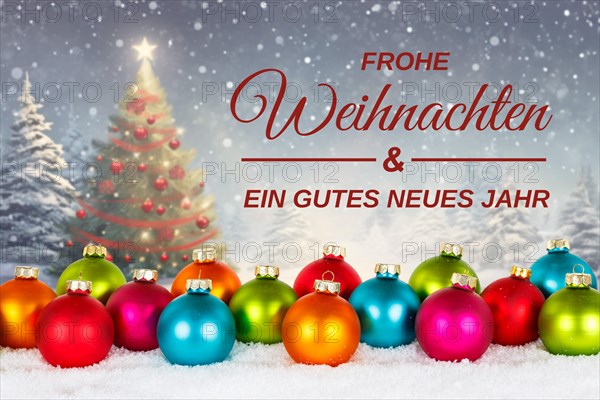 Christmas card Merry Christmas with colourful Christmas baubles card decoration winter Christmas tree snow in Stuttgart