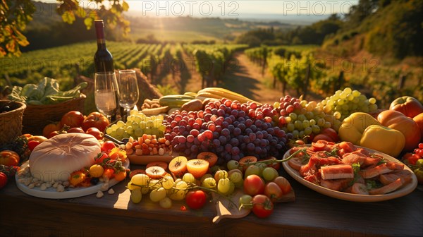 Bountiful display of agricultural abundance colorful vegetables and organic fresh fruits at harvest time outdoors amongst the country vineyards. generative AI