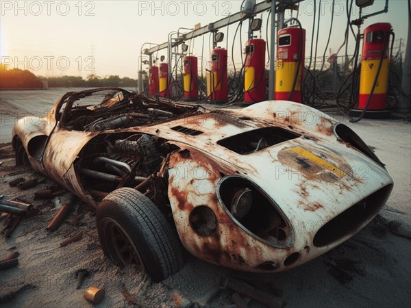 Crashed abandoned rusty expensive atmospheric car as circulation banned for co2 emission 2030 agenda dystopian concept ai generated