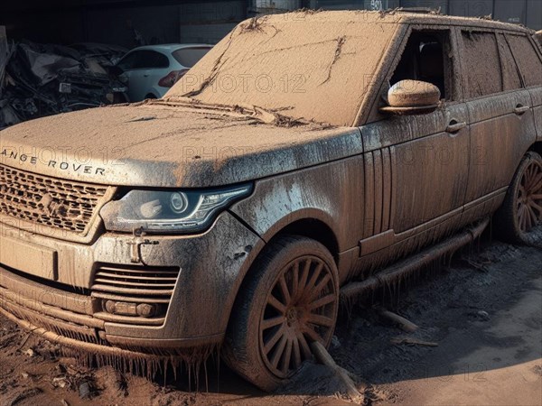 Crashed abandoned rusty expensive atmospheric suv as circulation banned for co2 emission 2030 agenda dystopian concept ai generated