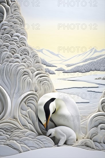 Emperor penguin with chick in a snowy environment